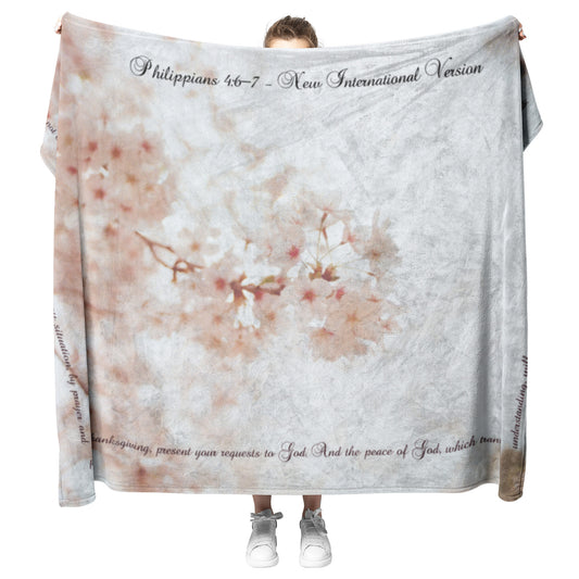 Peace of God Scripture with White Blossoms Background Fleece Blanket - Signs and Seasons Gifts